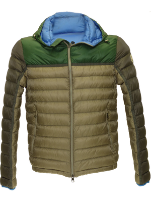 Moncler SS15 two-tone hooded puffa jacket in Grey/Green(V)